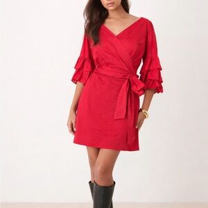 ZARA Woman Red Ruffle Sleeve Wrap Dress Smal